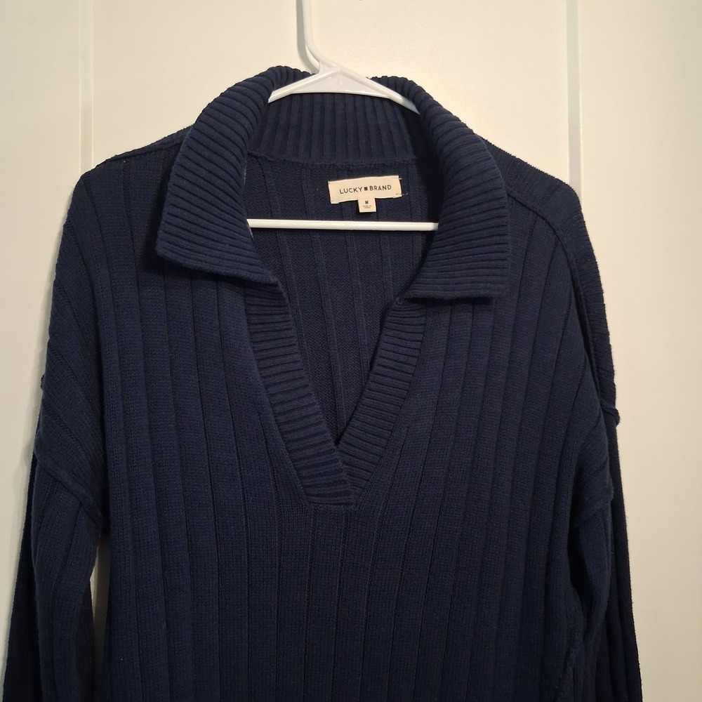 Lucky Brand Womens Navy Blue Ribbed Knit Polo V-Neck Sweater 120086 Size M - Picture 3 of 7